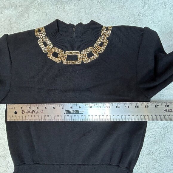 St. John Evening Knit Mini Sheath Sweater Dress Sz 2 Mock Neck Embellished Black - Picture 8 of 12